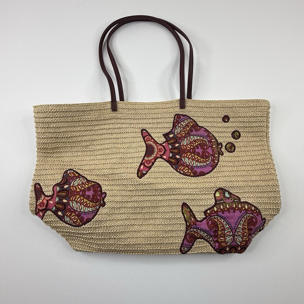 Vera Bradley Woven Straw Tote Bag Pink Paisley Fish Beach Shoulder Purse